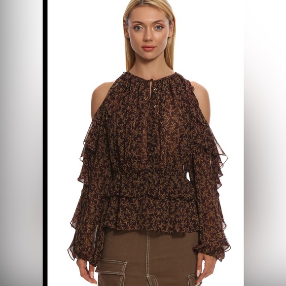 Acler Size S Brown & Yellow Long Sleeve Beaded Detail Ruffle Blouse Designer